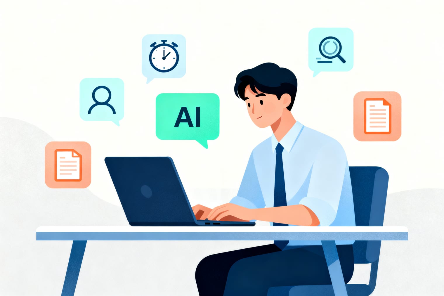 上班族在辦公桌前用筆電與 AI 對話處理工作