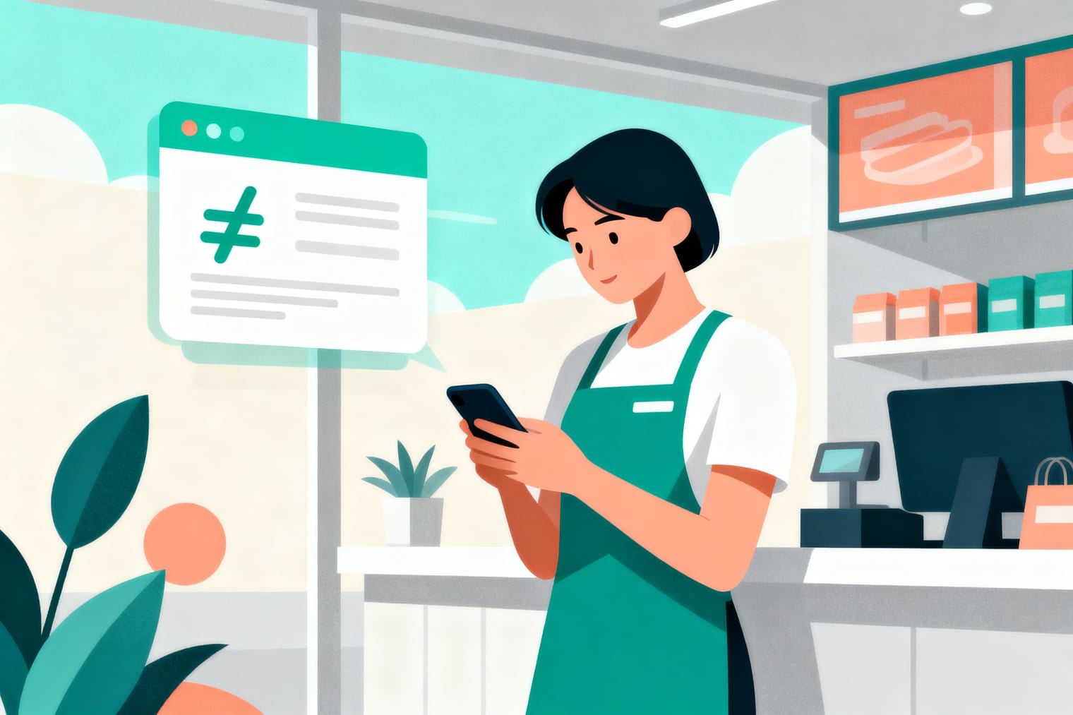 亞洲門市店員在店內用手機查看總部公告