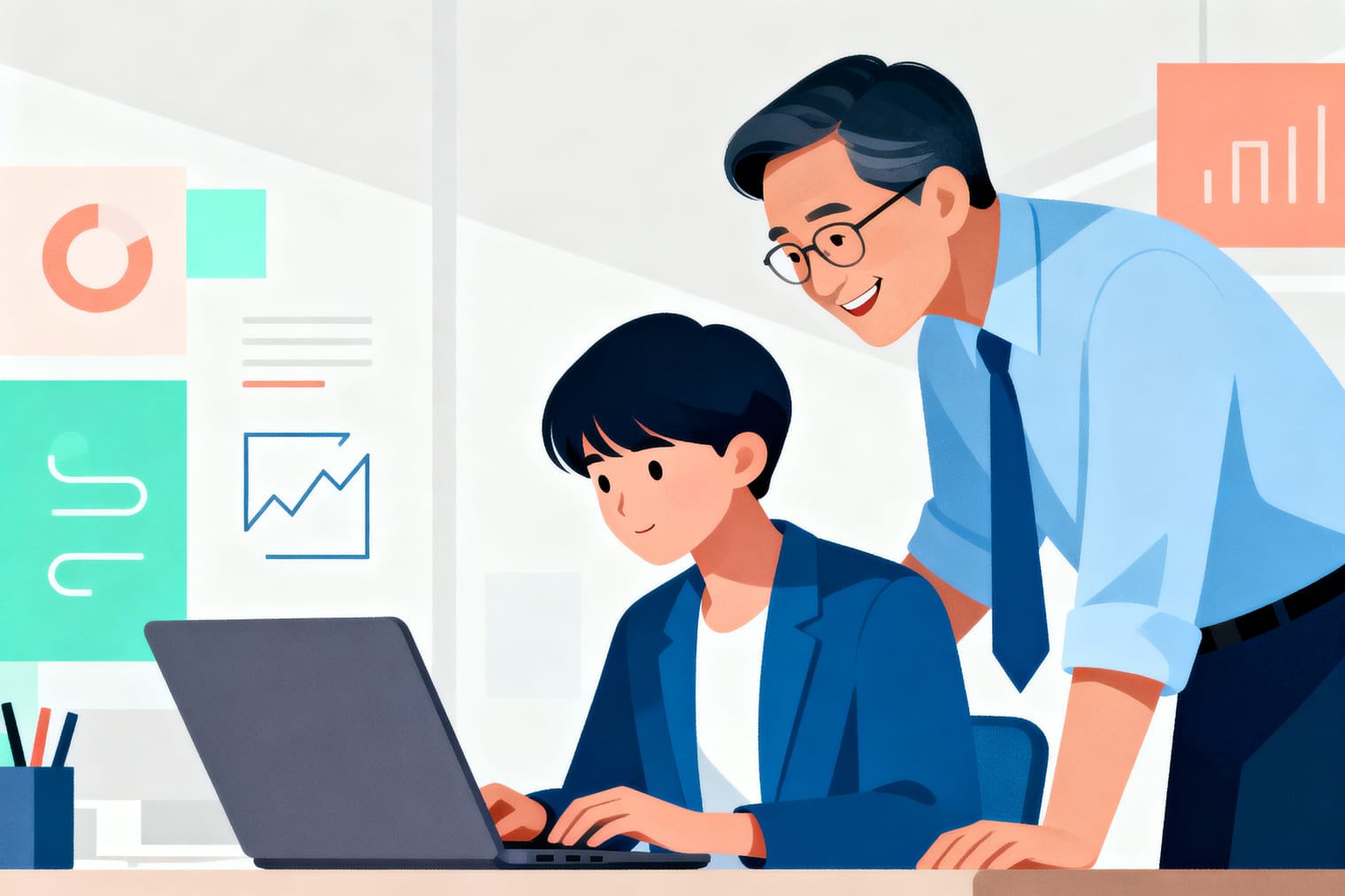 亞洲資深員工在辦公室協助剛報到的新進同事設定筆電與登入帳號