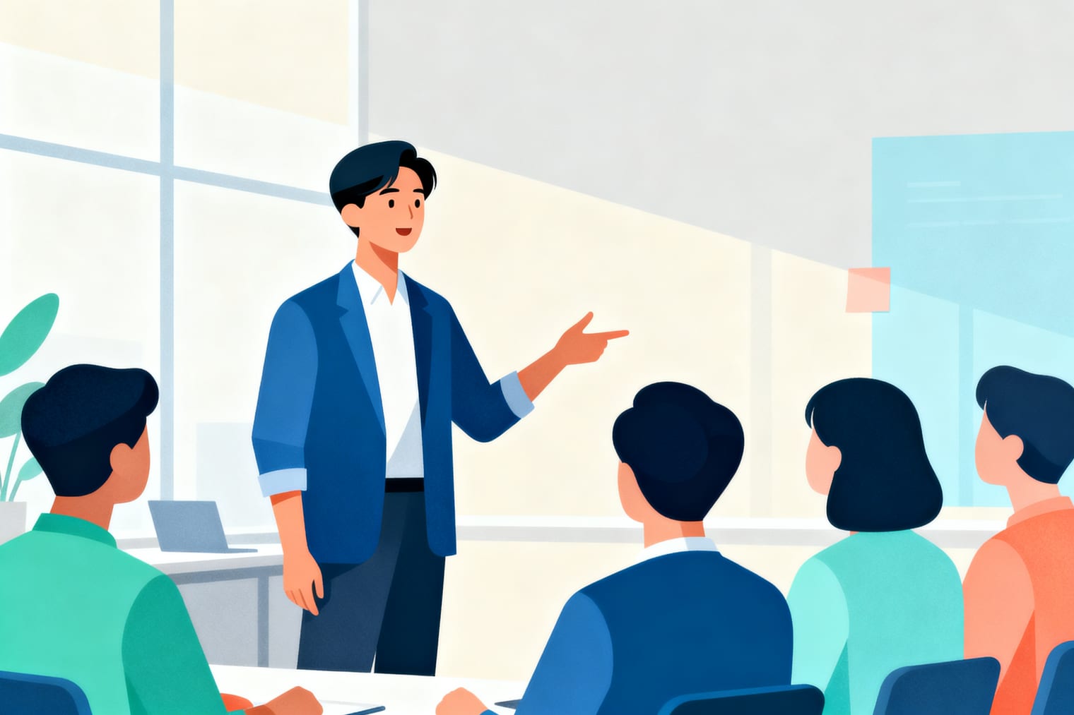 台灣中小企業經營者在辦公室白板前與團隊討論流程規劃