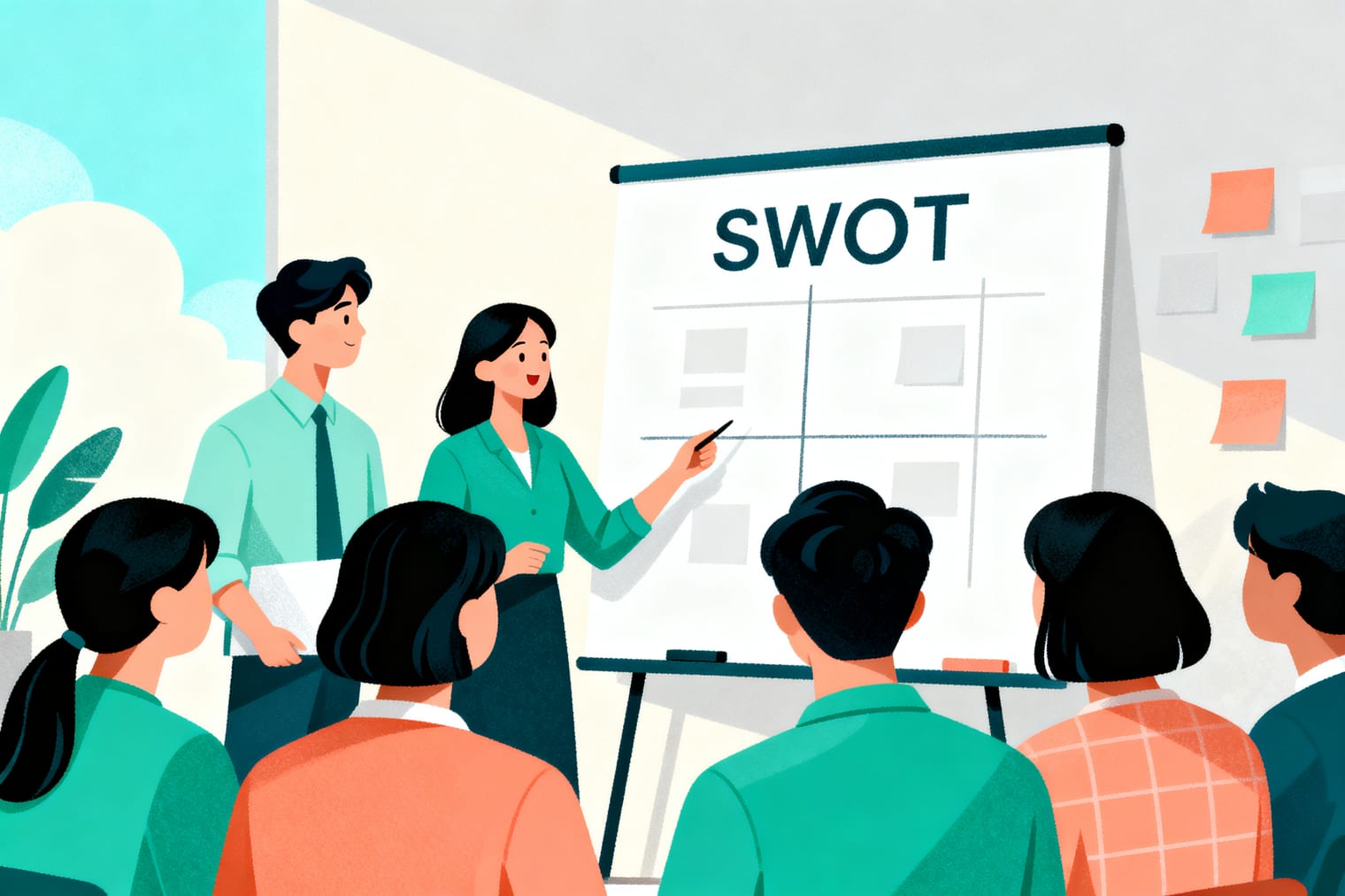 亞洲團隊成員在白板前做 SWOT 工作坊，白板上是四象限方格貼滿便利貼