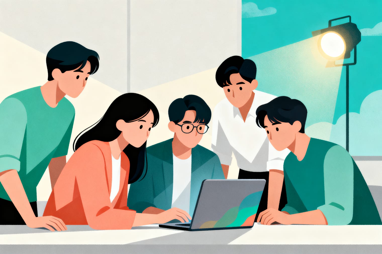 台灣中小企業員工圍在筆電前緊張討論，背景帶點停電或臨時狀況的昏暗光線與一盞備援亮燈