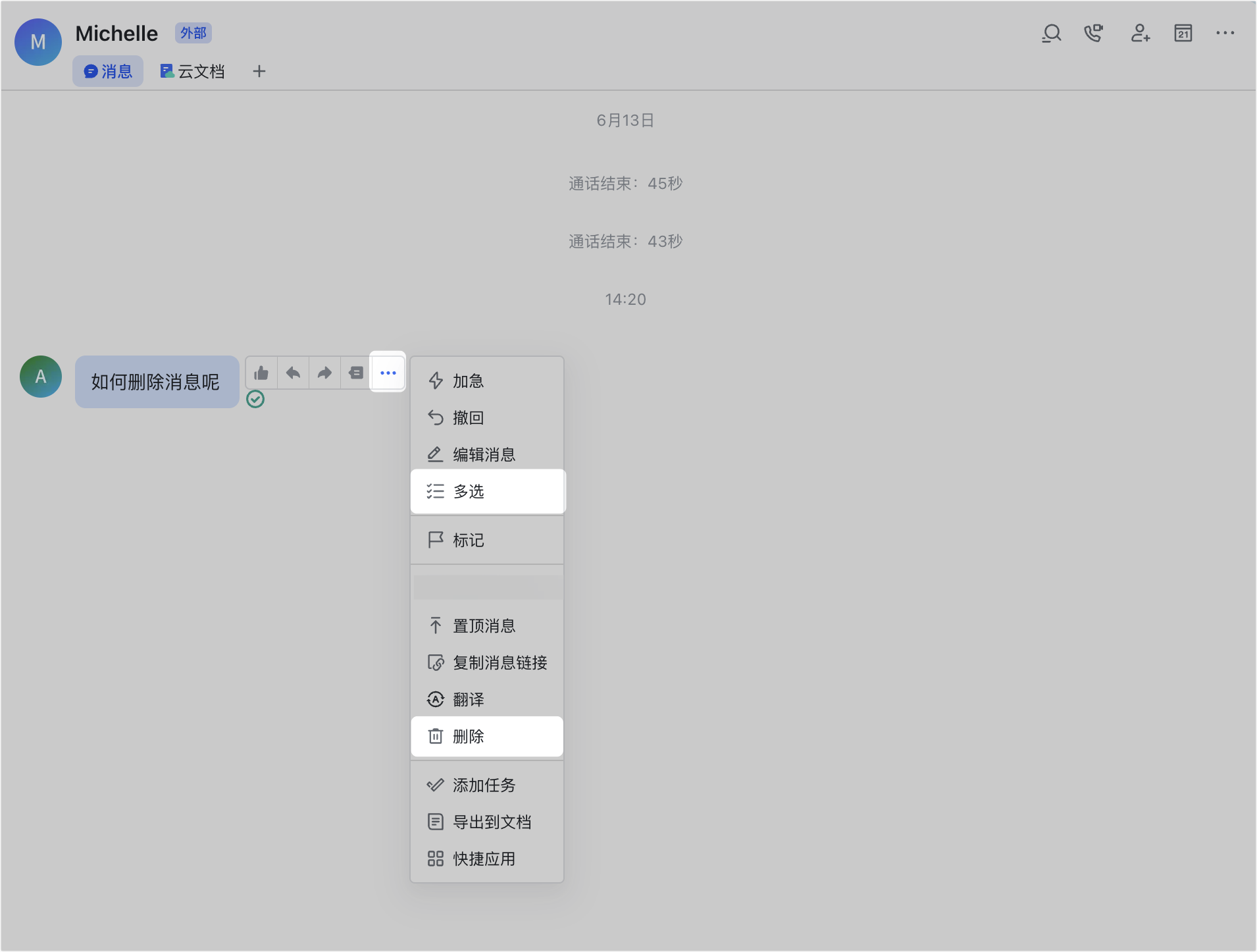 Lark 桌面端對話設定選單中的「刪除聊天記錄」選項與確認對話框