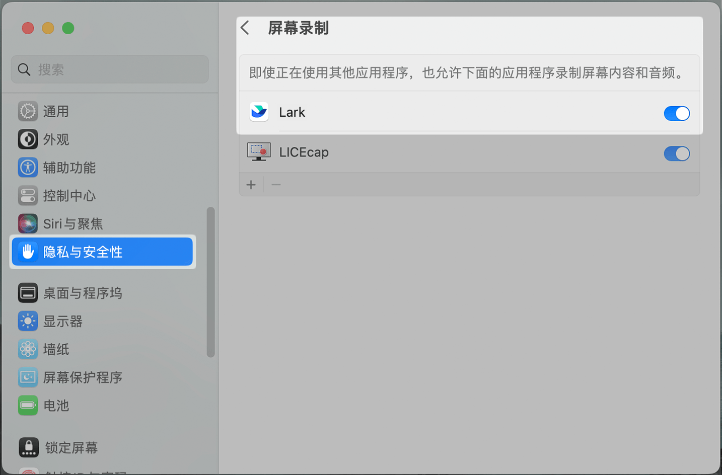 macOS 系統設定 > 隱私權與安全性 > 螢幕錄製頁面，標示 Lark 的開關位置