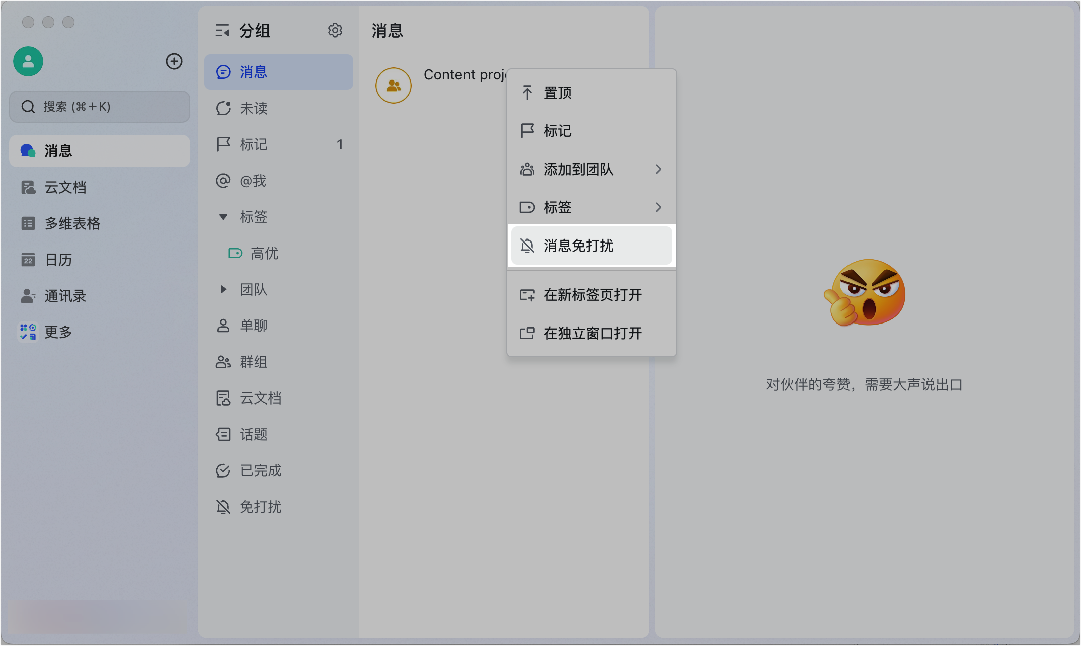 Lark 桌面端勿擾模式設定頁面，展示排程時間選擇器與手動啟用選項