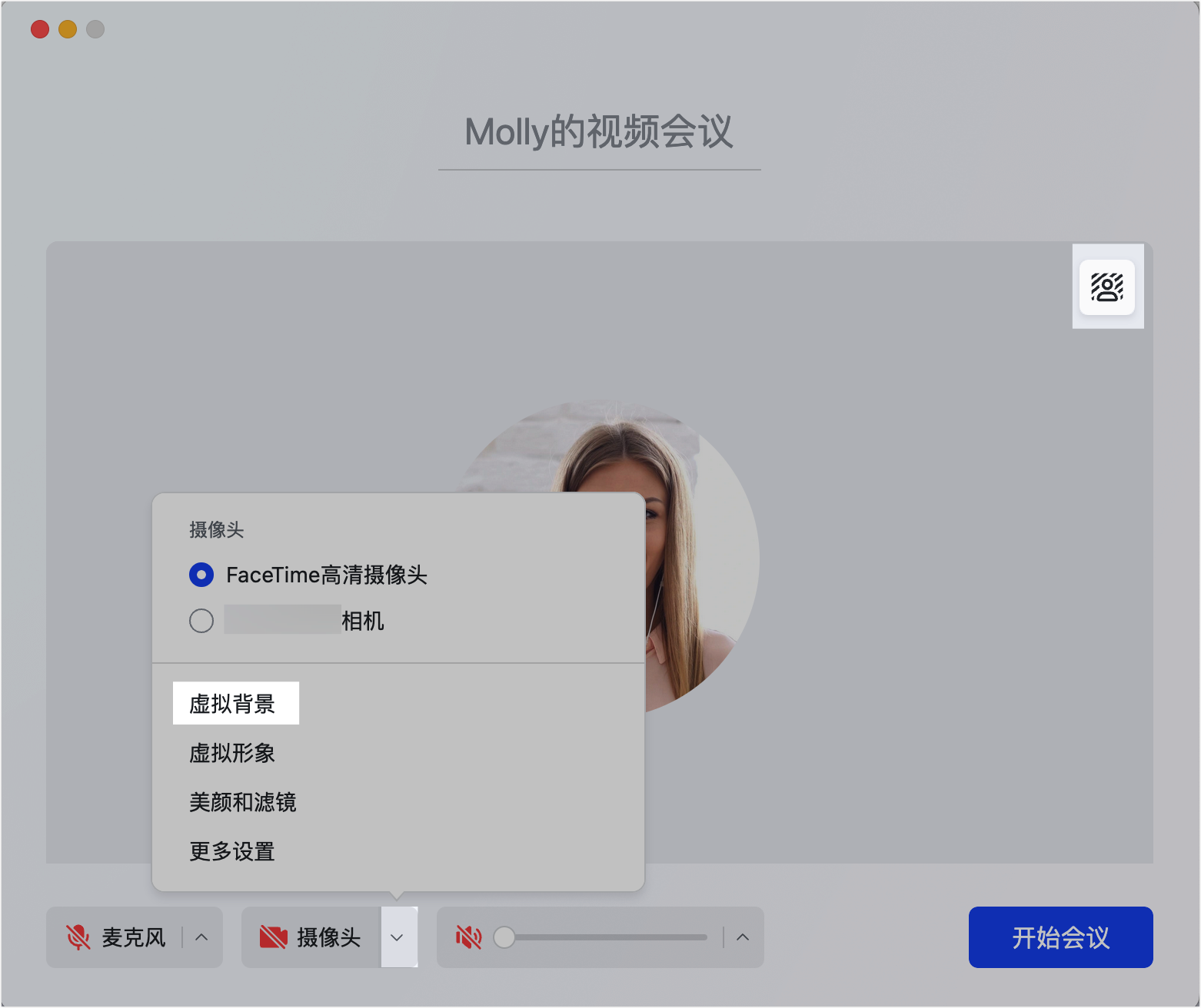 Lark 視訊會議特效面板，標示虛擬背景、虛擬形象與美顏濾鏡